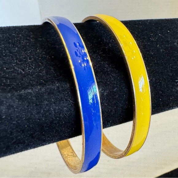 Vintage J Crew Gold Tone Blue & Yellow Enamel Bangle Bracelets 8.5” Lot of 2 - Picture 3 of 13